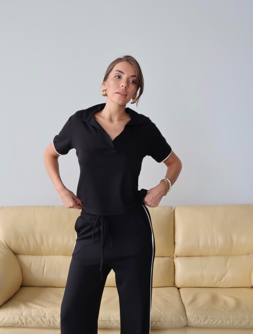 Y225 - Kadın Maribel Modal Kumaş Polo Yaka Takım - Siyah