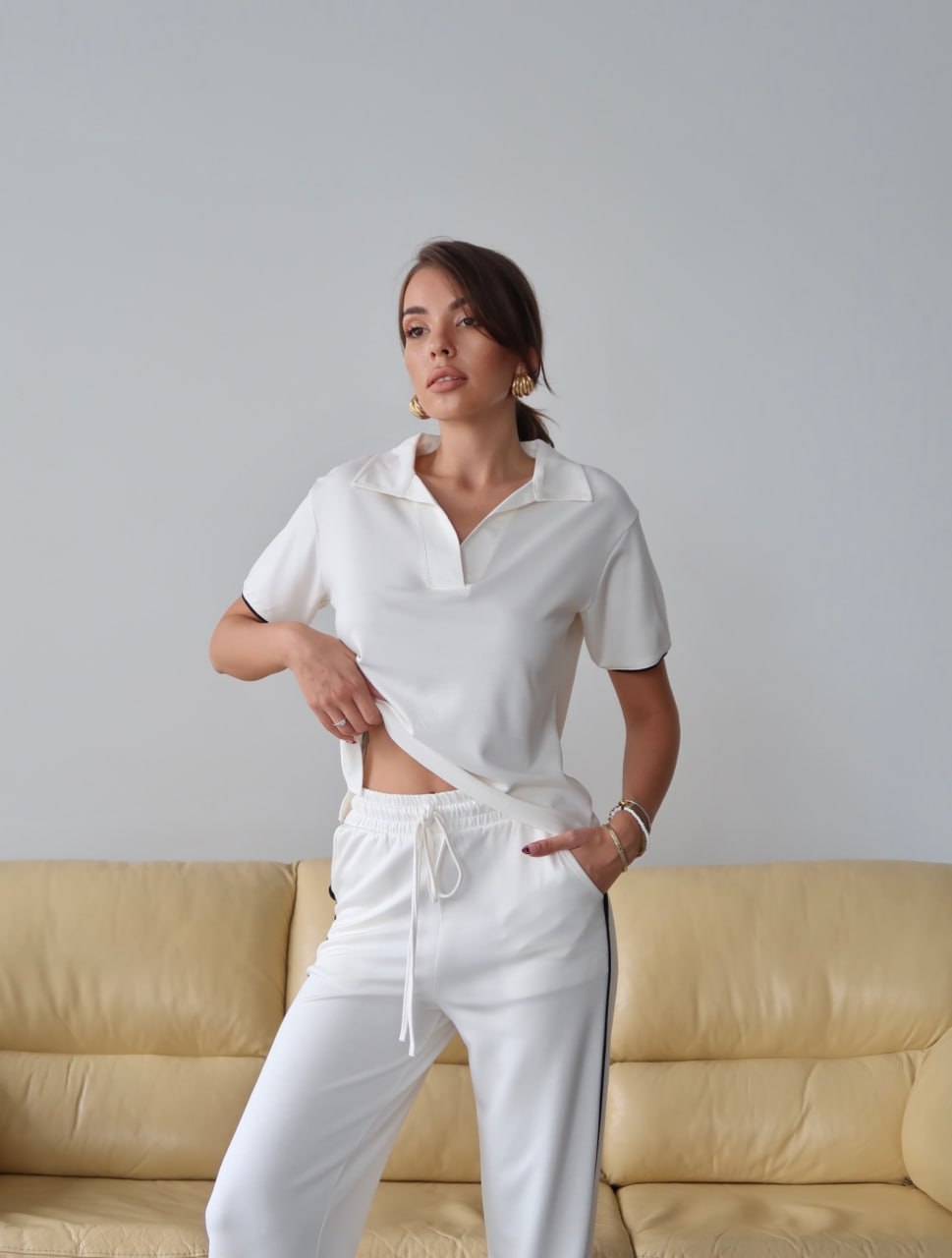 Y225 - Kadın Maribel Modal Kumaş Polo Yaka Takım - Beyaz