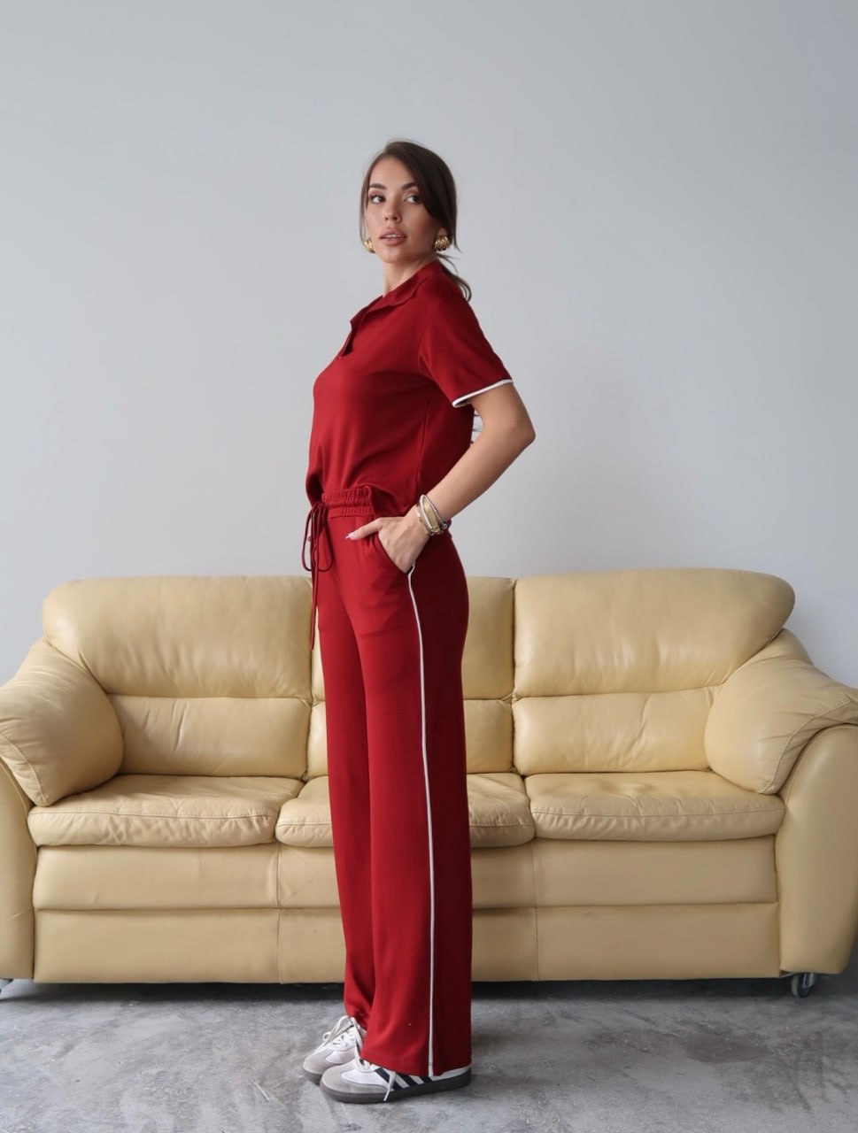 Y225 - Kadın Maribel Modal Kumaş Polo Yaka Takım - Bordo