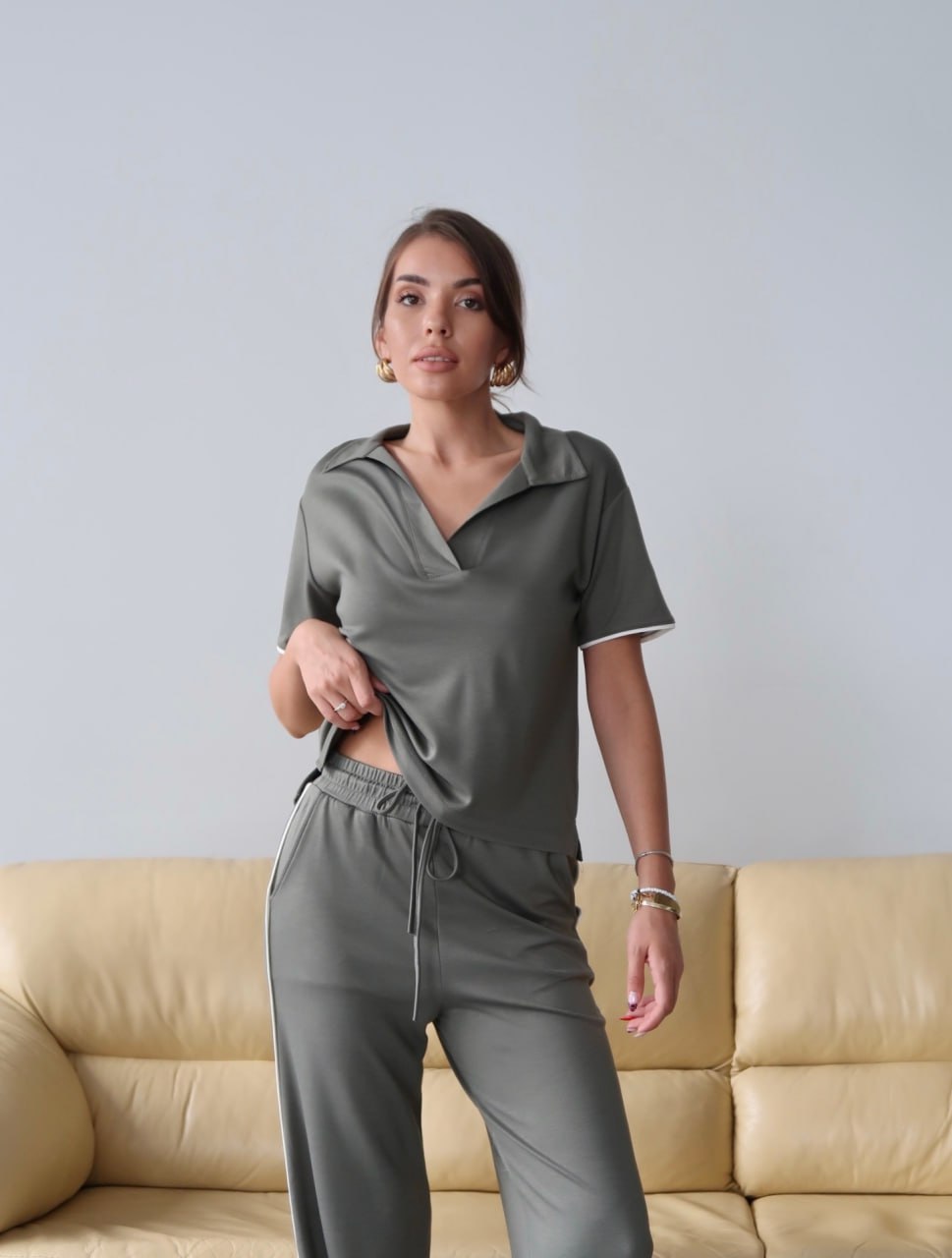 Y225 - Kadın Maribel Modal Kumaş Polo Yaka Takım - Haki