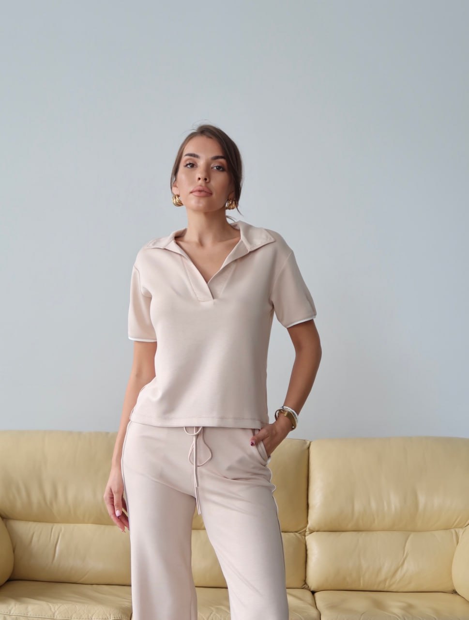 Y225 - Kadın Maribel Modal Kumaş Polo Yaka Takım - Bej
