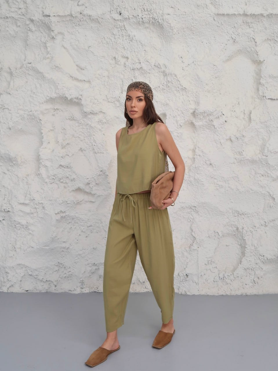 Y196 - Kadın Celeste Dokuma Modal Cupra Atlet Pantolon Takım - Olive