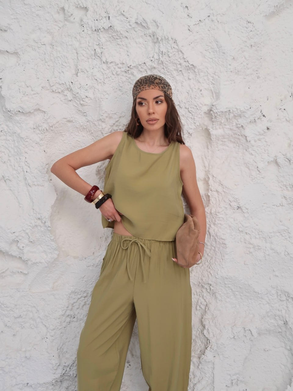 Y196 - Kadın Celeste Dokuma Modal Cupra Atlet Pantolon Takım - Olive