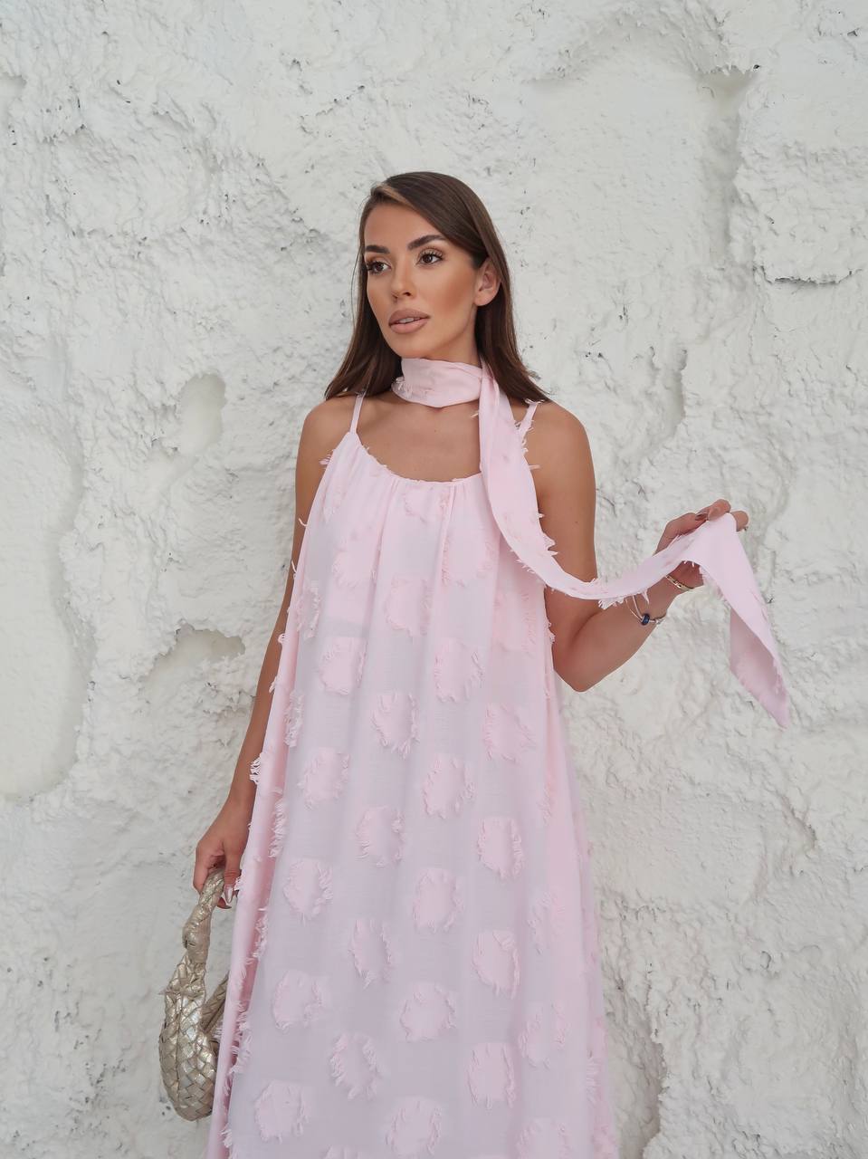 Y305 – Kadın Elowa Keten Çiçek Desen Efektli Fularlı Midi Elbise - Pembe