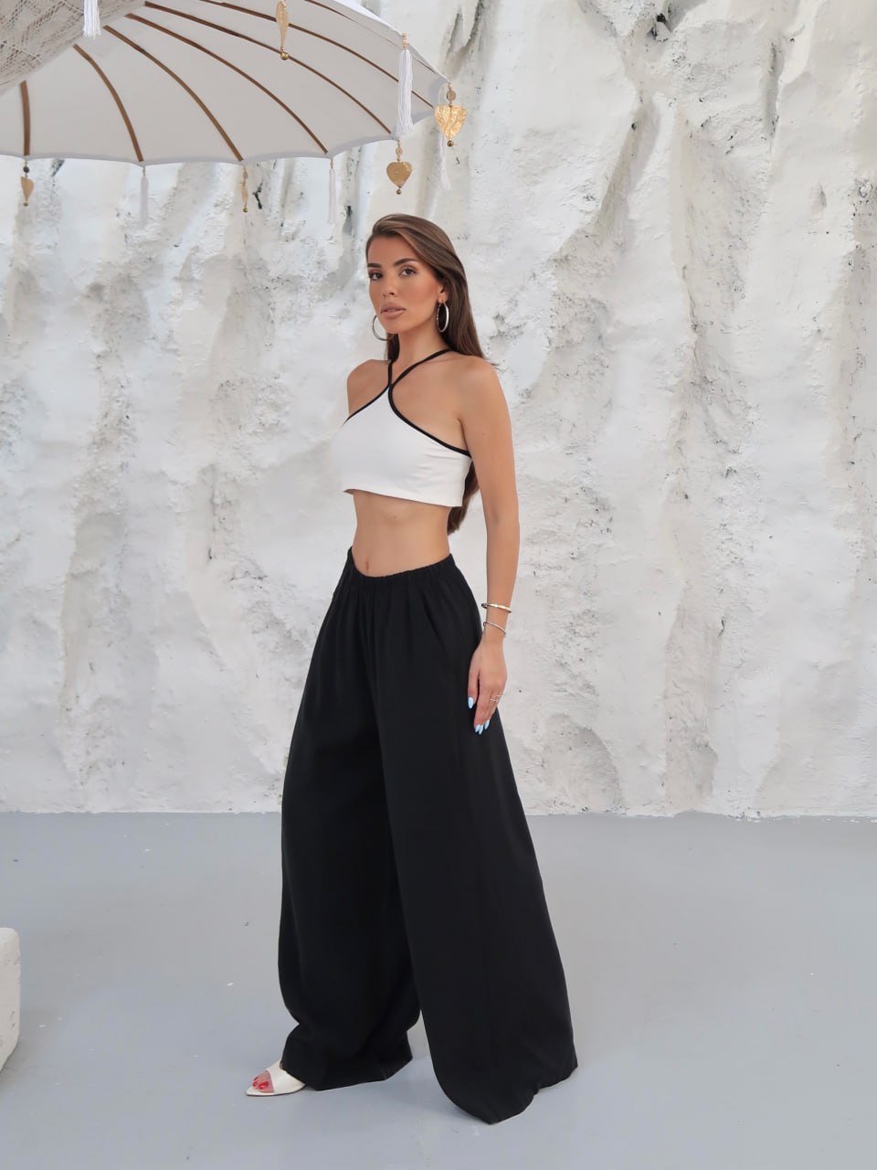 Y309 - Kadın Virella Modal Cupra Bol Paça Pantolon - Siyah