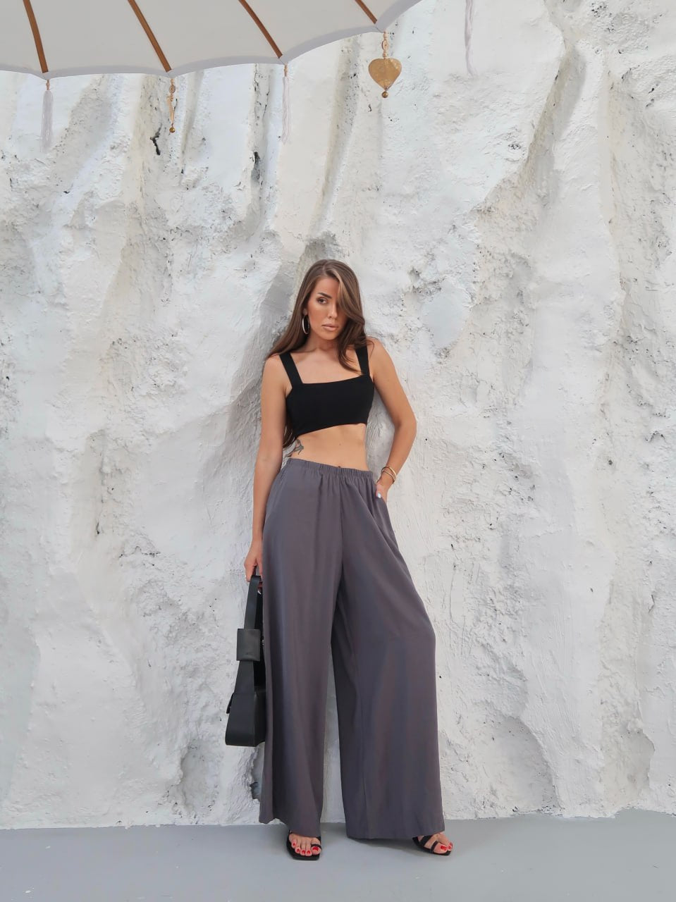 Y309 - Kadın Virella Modal Cupra Bol Paça Pantolon - Füme