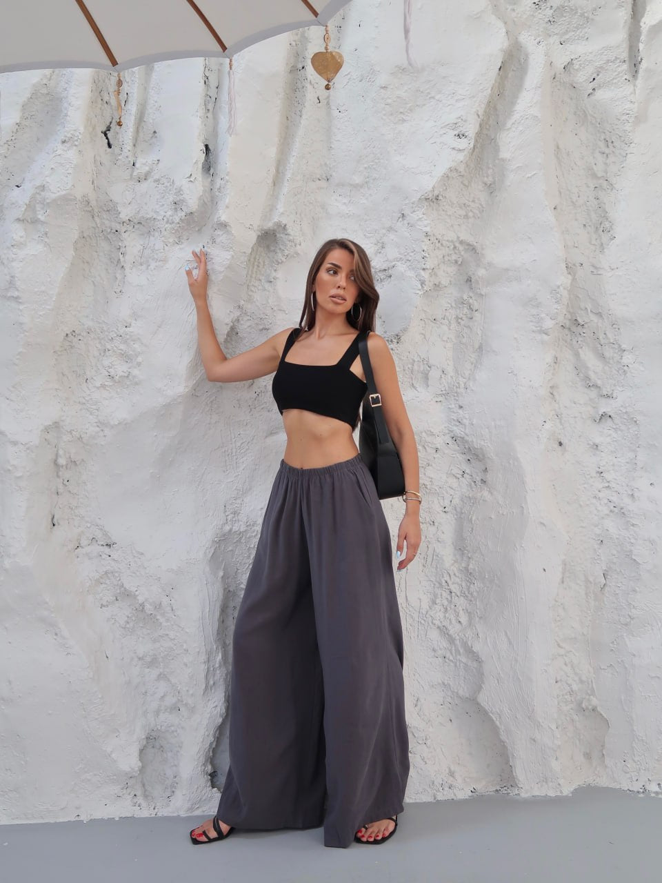 Y309 - Kadın Virella Modal Cupra Bol Paça Pantolon - Füme