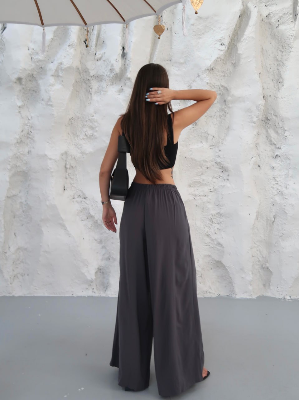Y309 - Kadın Virella Modal Cupra Bol Paça Pantolon - Füme