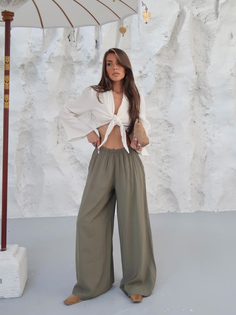 Y309 - Kadın Virella Modal Cupra Bol Paça Pantolon - Haki
