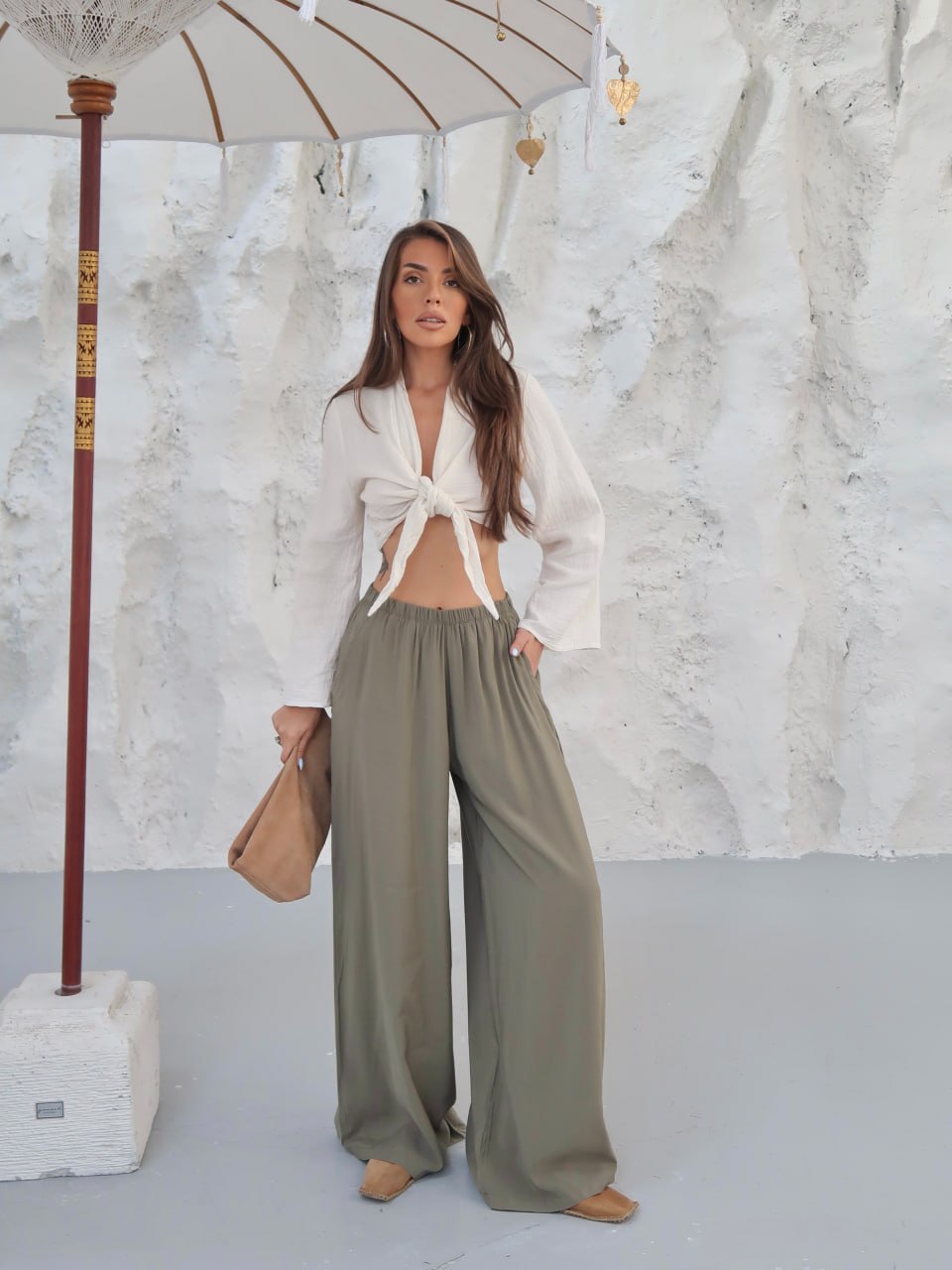 Y309 - Kadın Virella Modal Cupra Bol Paça Pantolon - Haki