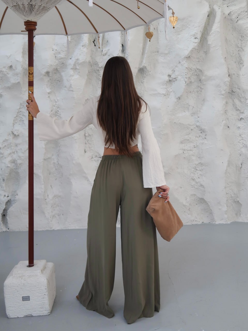 Y309 - Kadın Virella Modal Cupra Bol Paça Pantolon - Haki