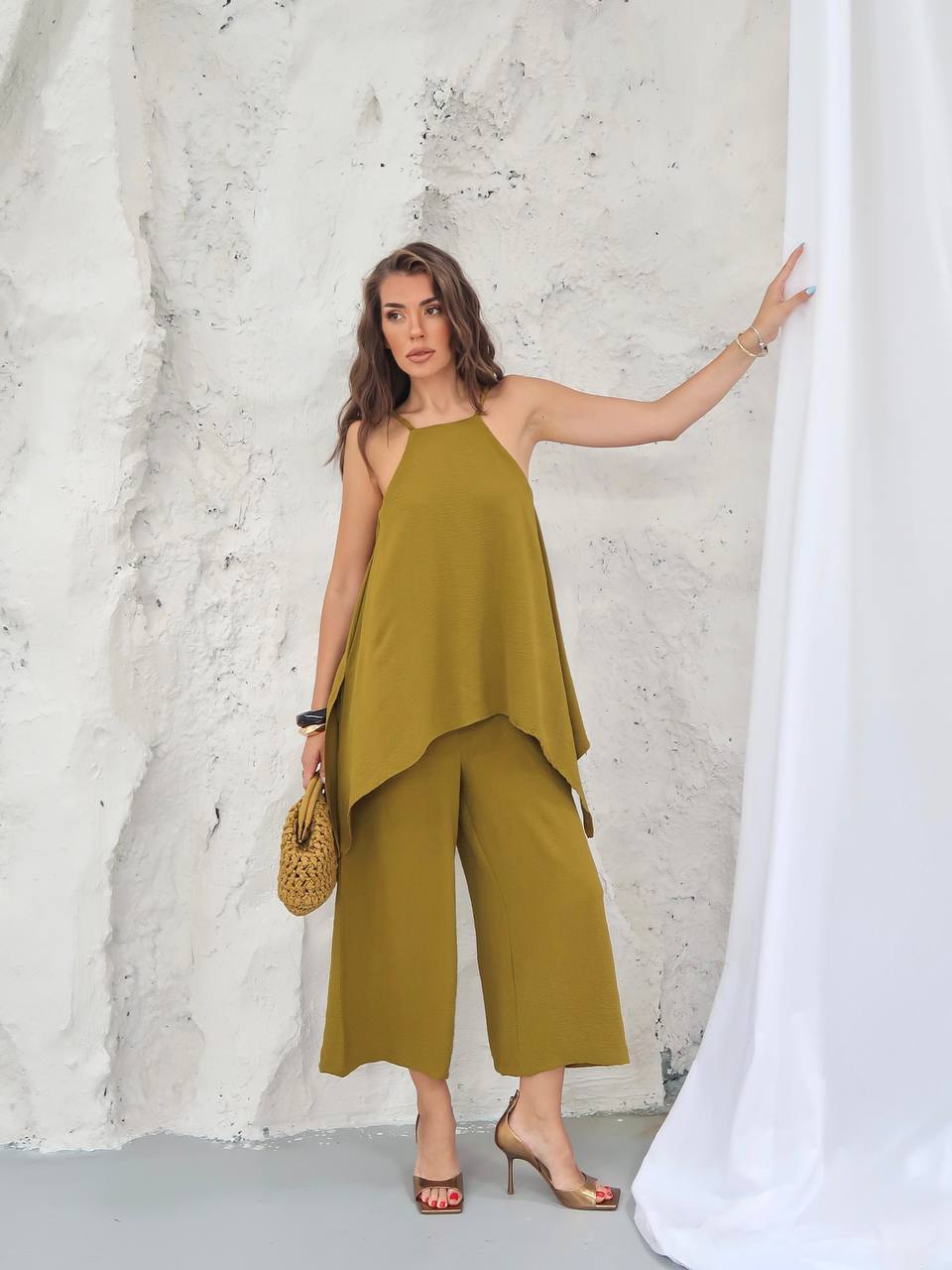 Y306 – Kadın Keys İthal Ayrobin Kumaş Bluz Detaylı Tulum - Olive