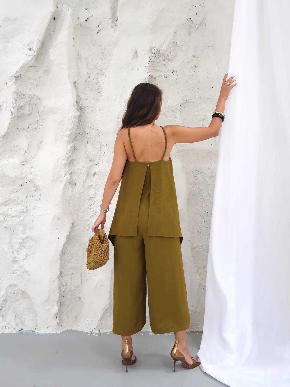 Y306 – Kadın Keys İthal Ayrobin Kumaş Bluz Detaylı Tulum - Olive