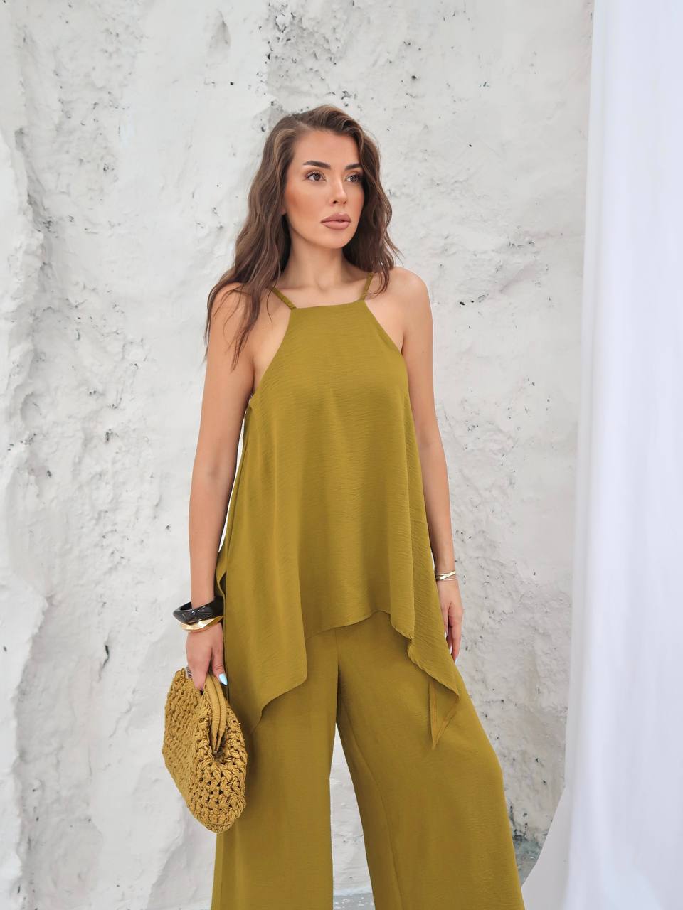 Y306 – Kadın Keys İthal Ayrobin Kumaş Bluz Detaylı Tulum - Olive