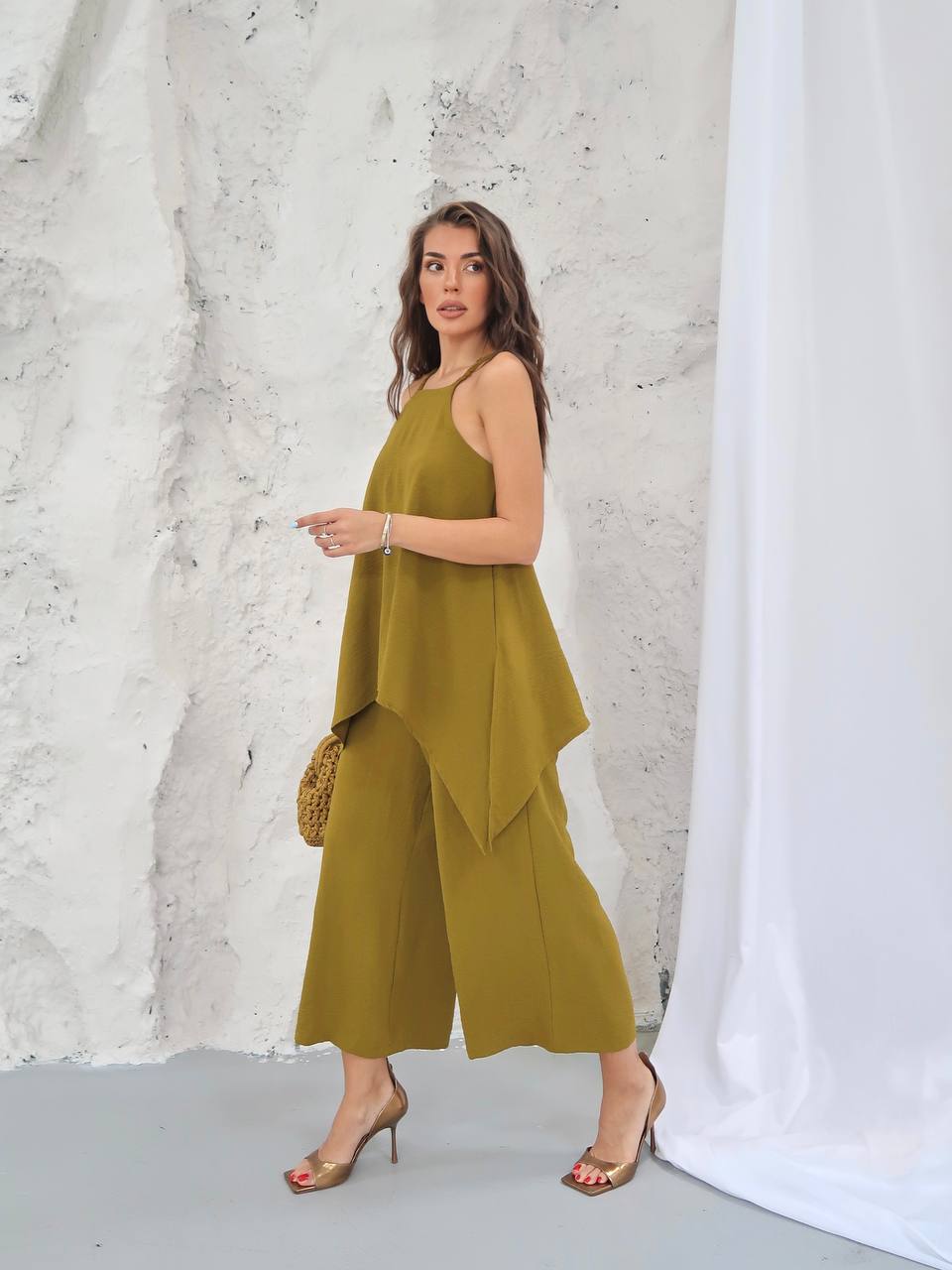 Y306 – Kadın Keys İthal Ayrobin Kumaş Bluz Detaylı Tulum - Olive