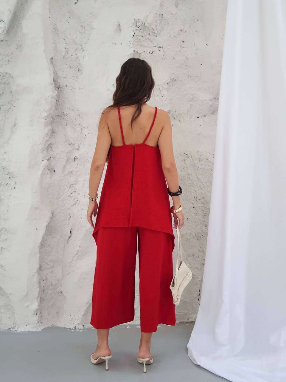 Y306 – Kadın Keys İthal Ayrobin Kumaş Bluz Detaylı Tulum - Kırmızı