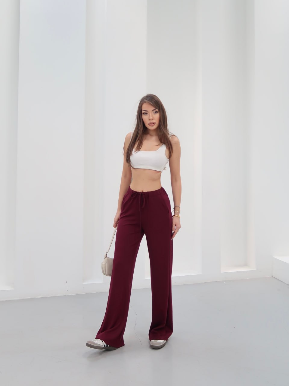 Y243 - Kadın Amy Modal Kumaş Arka Çift Cepli Bol Paça Pantolon - Bordo