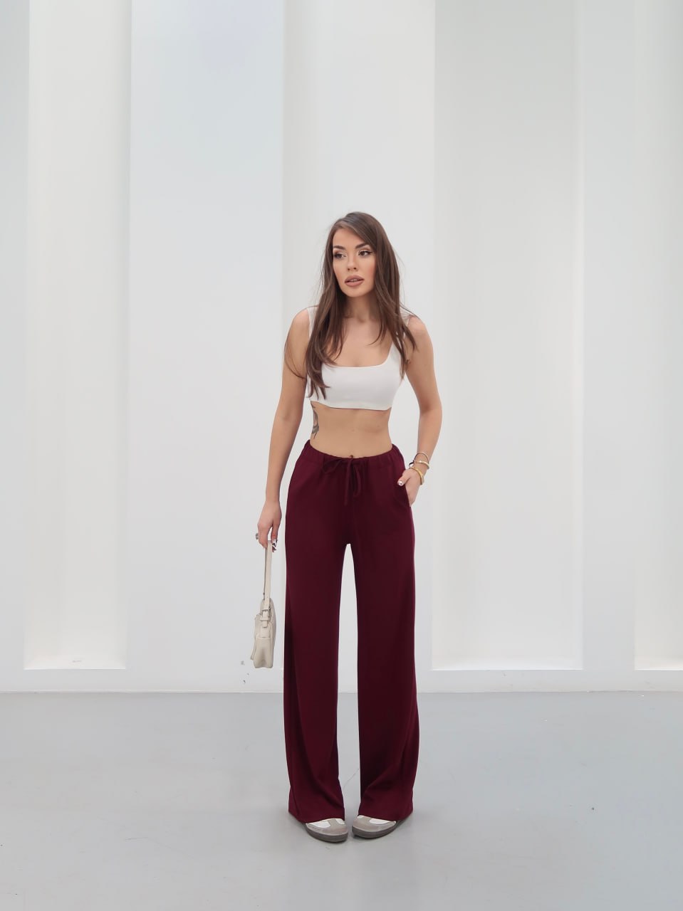 Y243 - Kadın Amy Modal Kumaş Arka Çift Cepli Bol Paça Pantolon - Bordo