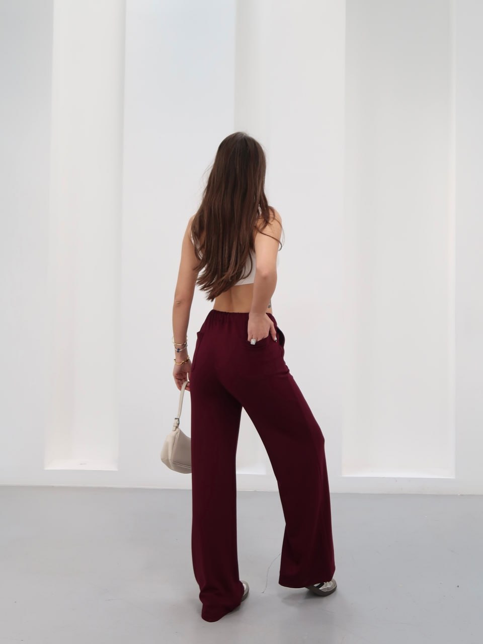 Y243 - Kadın Amy Modal Kumaş Arka Çift Cepli Bol Paça Pantolon - Bordo