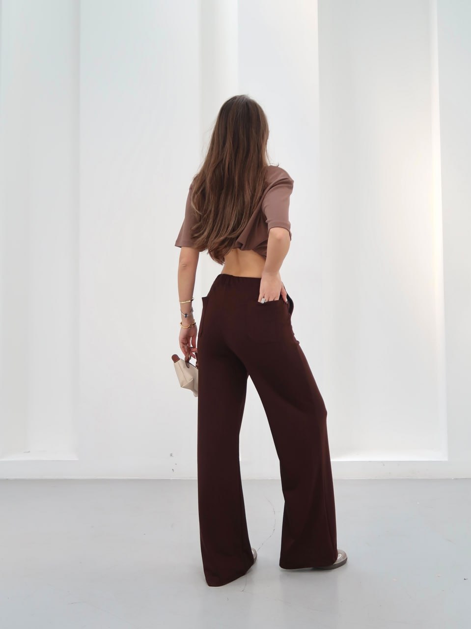Y243 - Kadın Amy Modal Kumaş Arka Çift Cepli Bol Paça Pantolon - Kahverengi