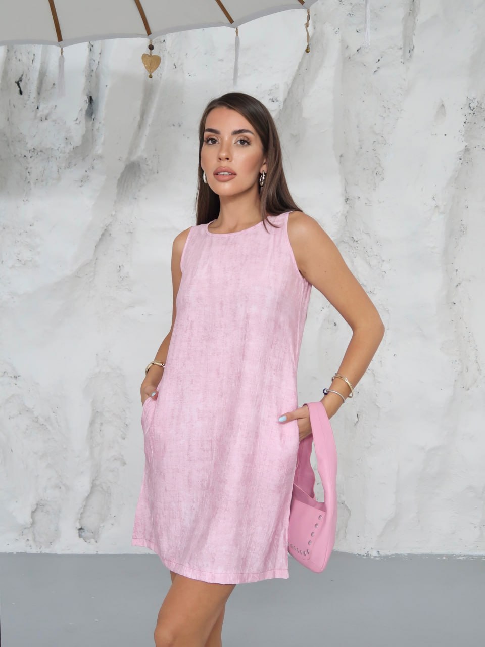 Y320 – Kadın Lissandra Dokuma Çilek Sıfır Kol Elbise - Pembe
