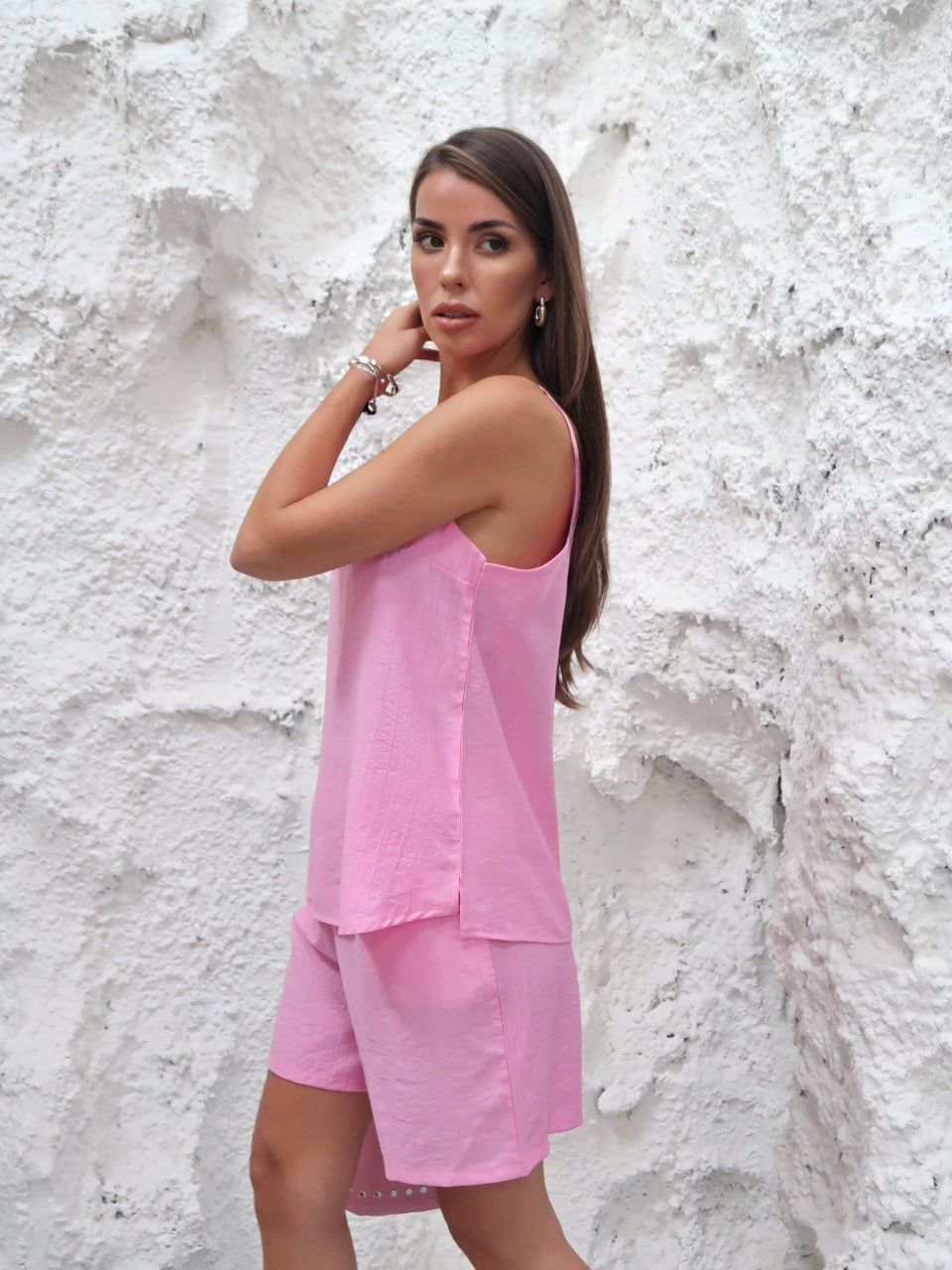 Y314 – Kadın Sonya Dokuma İp Askılı Şortlu Takım - Pembe