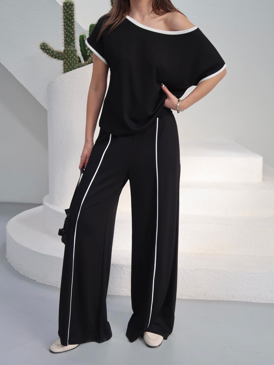 Y255 - Kadın Alen Modern Şeritli Soft Modal Takım - Siyah