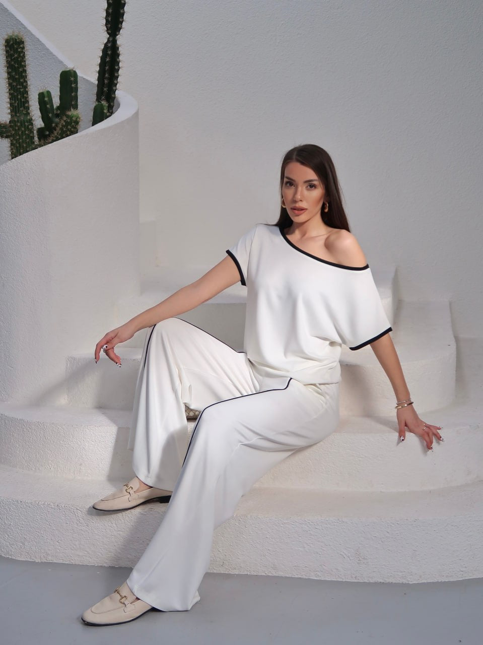 Y255 - Kadın Alen Modern Şeritli Soft Modal Takım - Beyaz