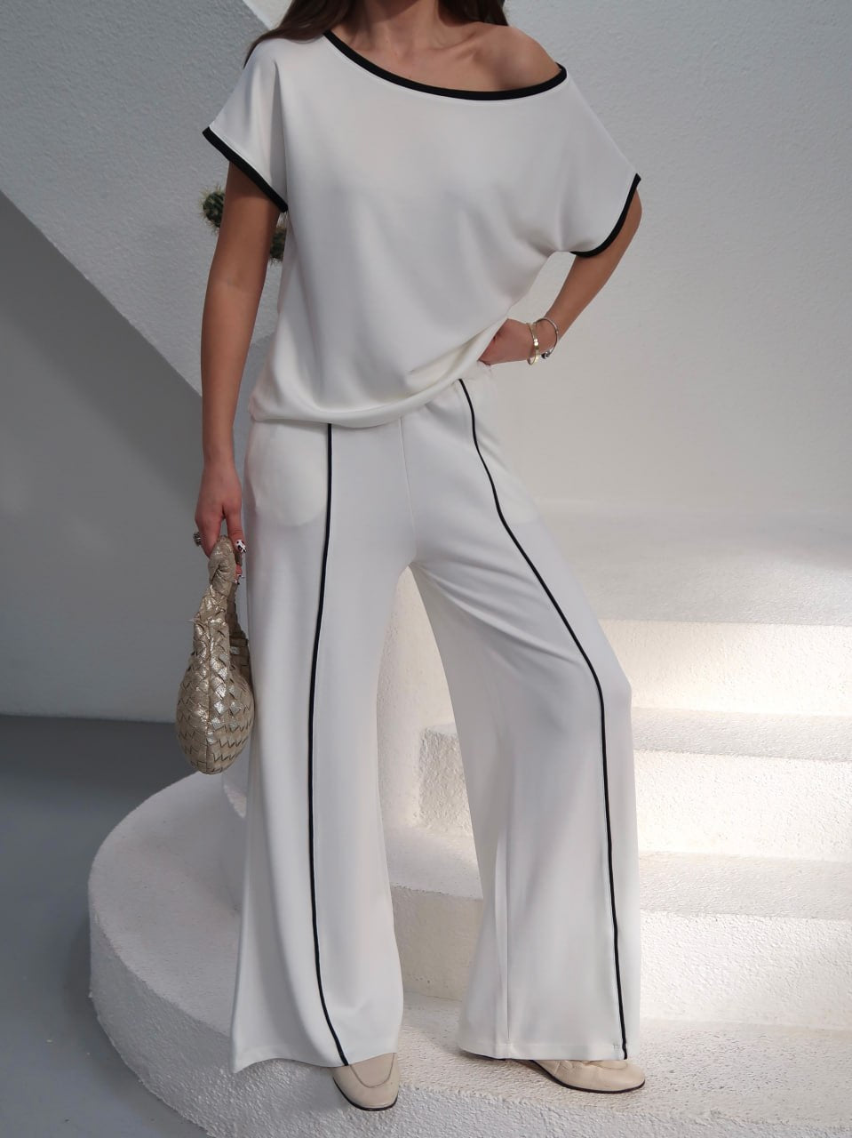 Y255 - Kadın Alen Modern Şeritli Soft Modal Takım - Beyaz