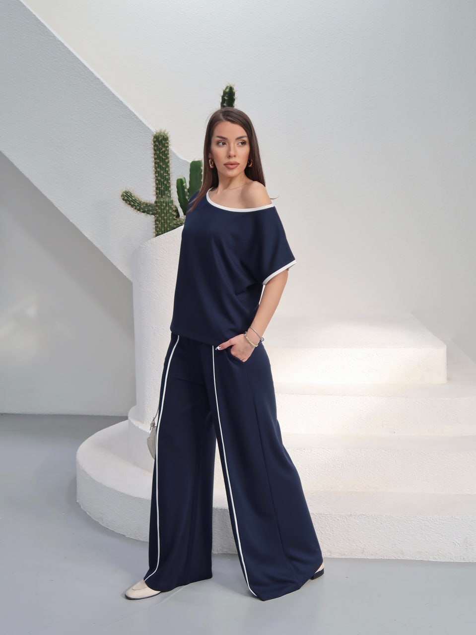 Y255 - Kadın Alen Modern Şeritli Soft Modal Takım - Lacivert