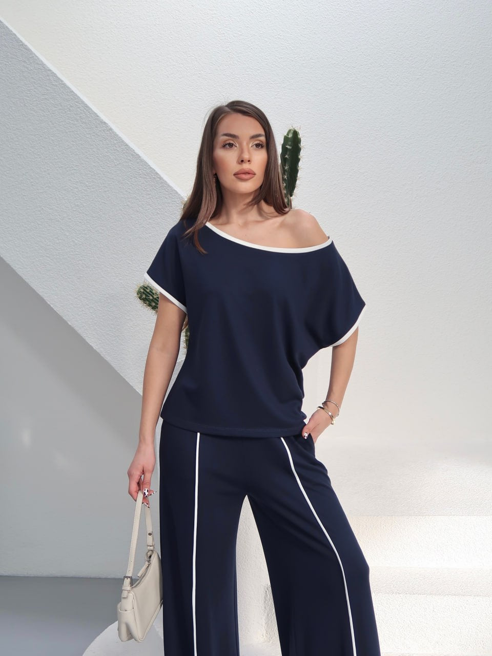 Y255 - Kadın Alen Modern Şeritli Soft Modal Takım - Lacivert
