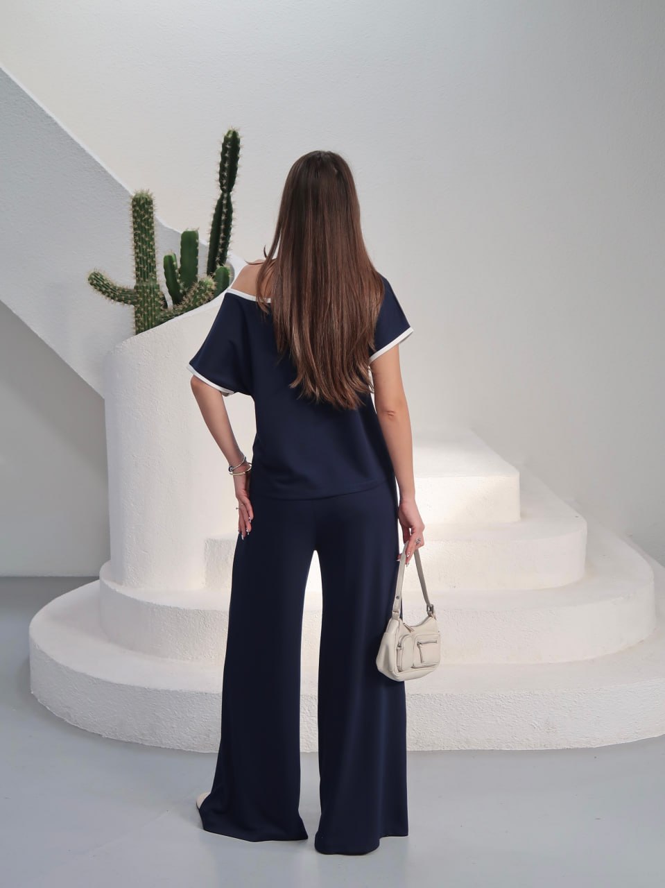 Y255 - Kadın Alen Modern Şeritli Soft Modal Takım - Lacivert