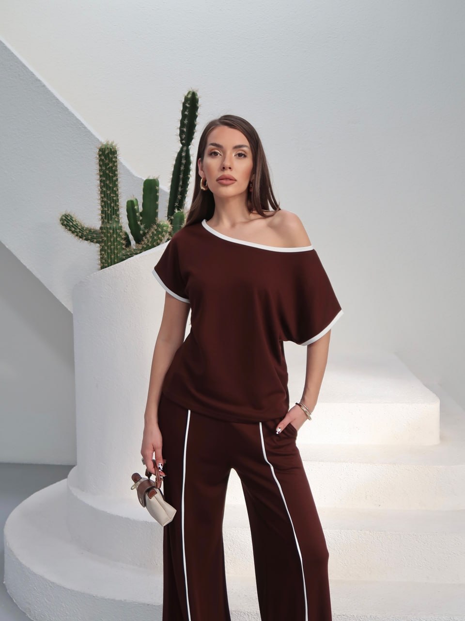 Y255 - Kadın Alen Modern Şeritli Soft Modal Takım - Kahverengi
