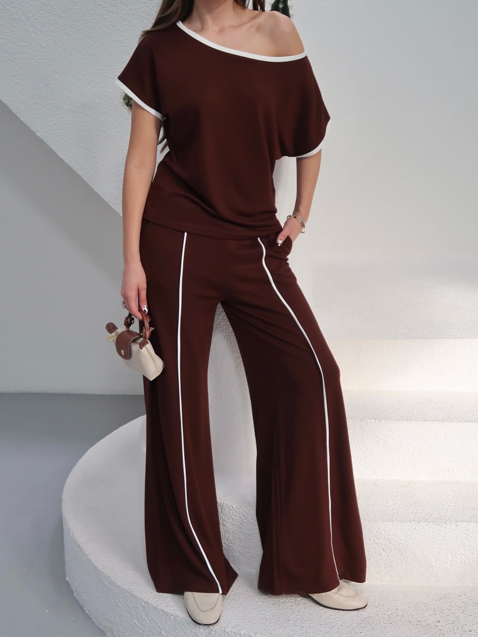 Y255 - Kadın Alen Modern Şeritli Soft Modal Takım - Kahverengi
