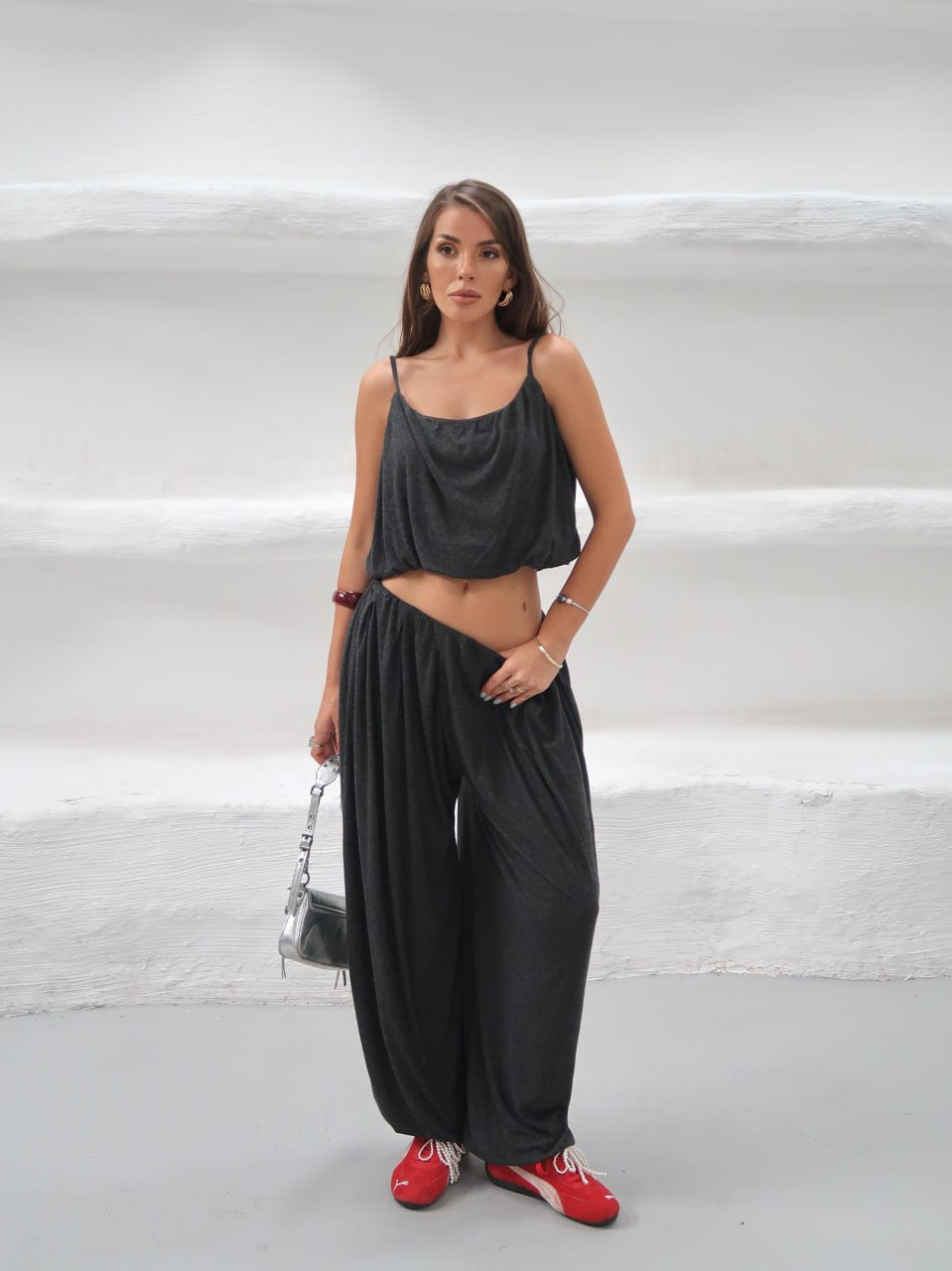 Y321 - Kadın Elodie Ribana Crop Şalvar Takım - Füme