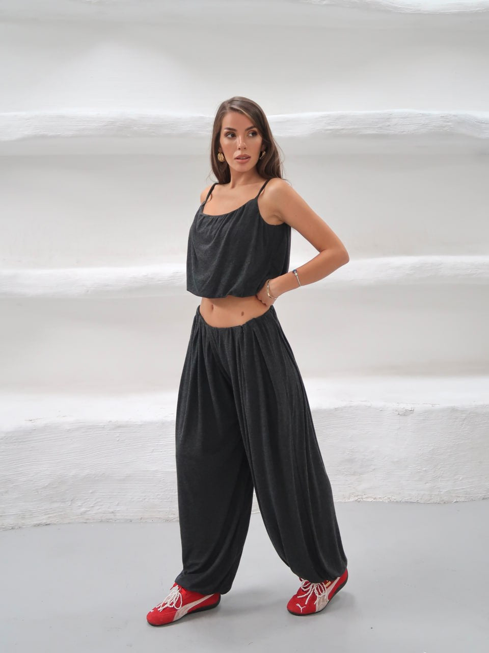 Y321 - Kadın Elodie Ribana Crop Şalvar Takım - Füme