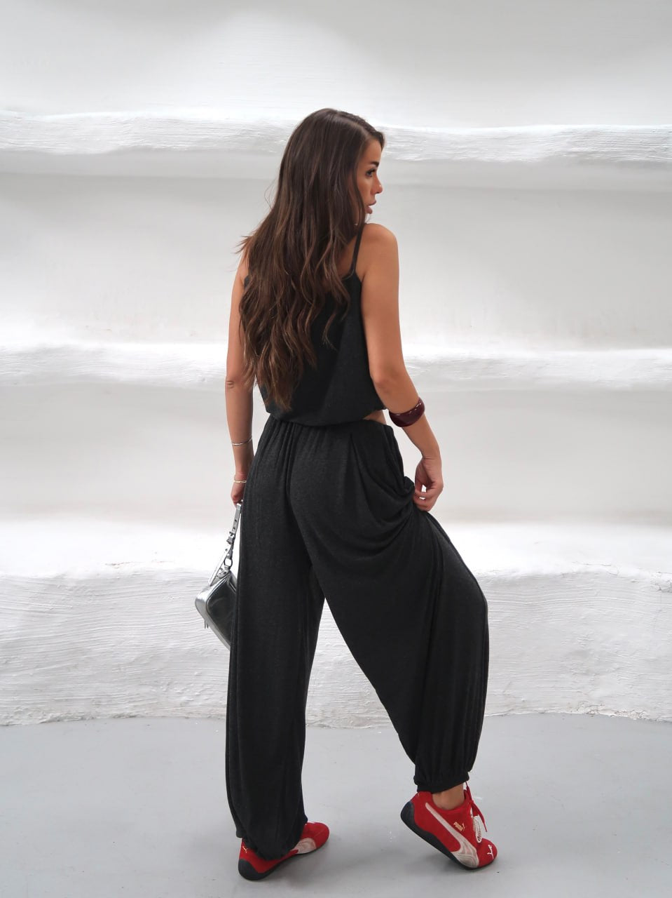 Y321 - Kadın Elodie Ribana Crop Şalvar Takım - Füme