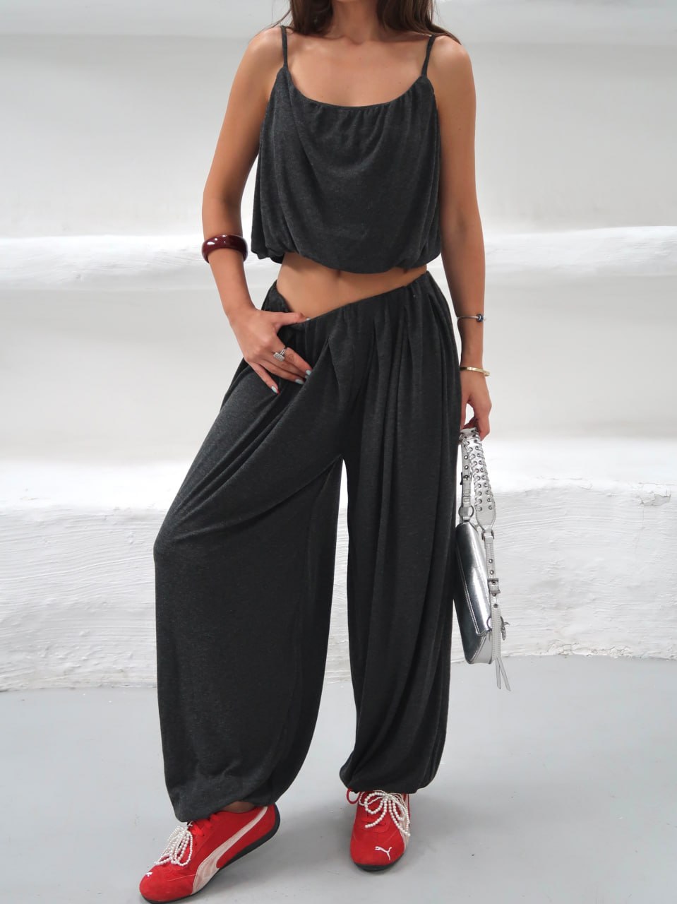 Y321 - Kadın Elodie Ribana Crop Şalvar Takım - Füme