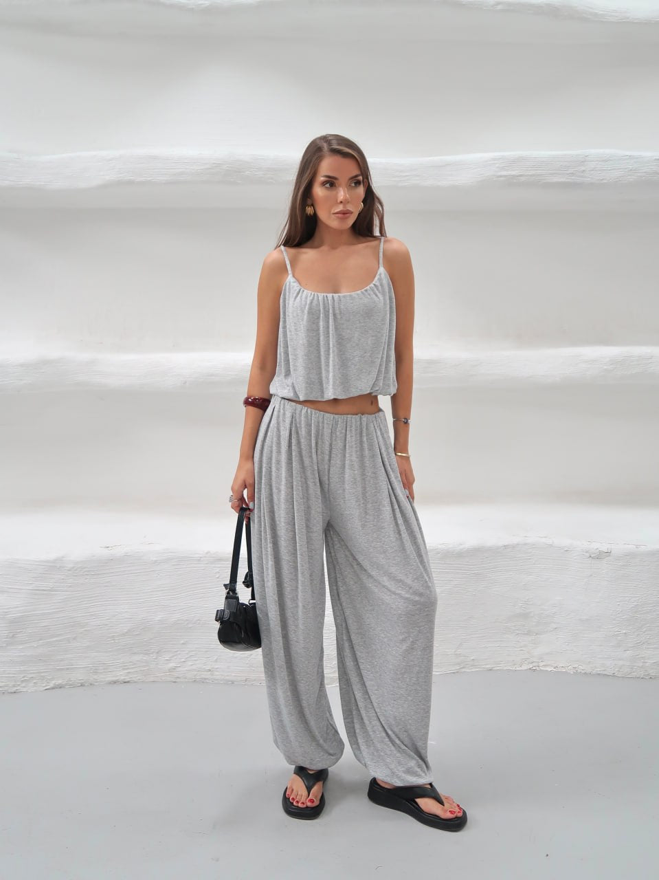 Y321 - Kadın Elodie Ribana Crop Şalvar Takım - Gri
