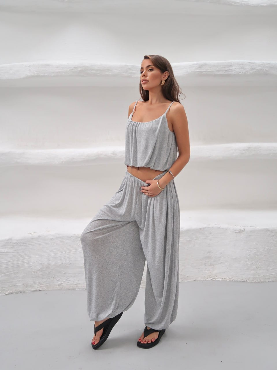 Y321 - Kadın Elodie Ribana Crop Şalvar Takım - Gri