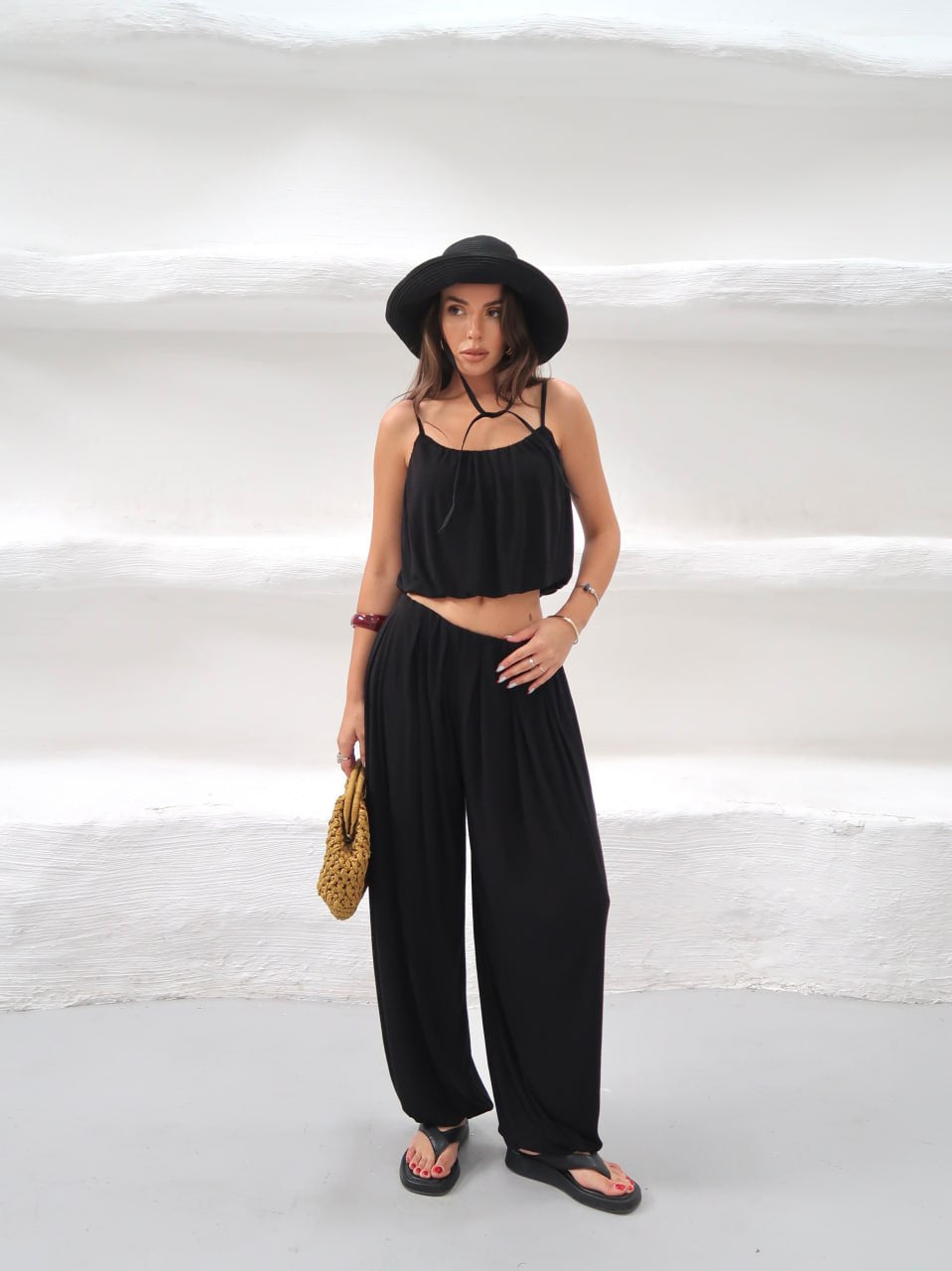 Y321 - Kadın Elodie Ribana Crop Şalvar Takım - Siyah