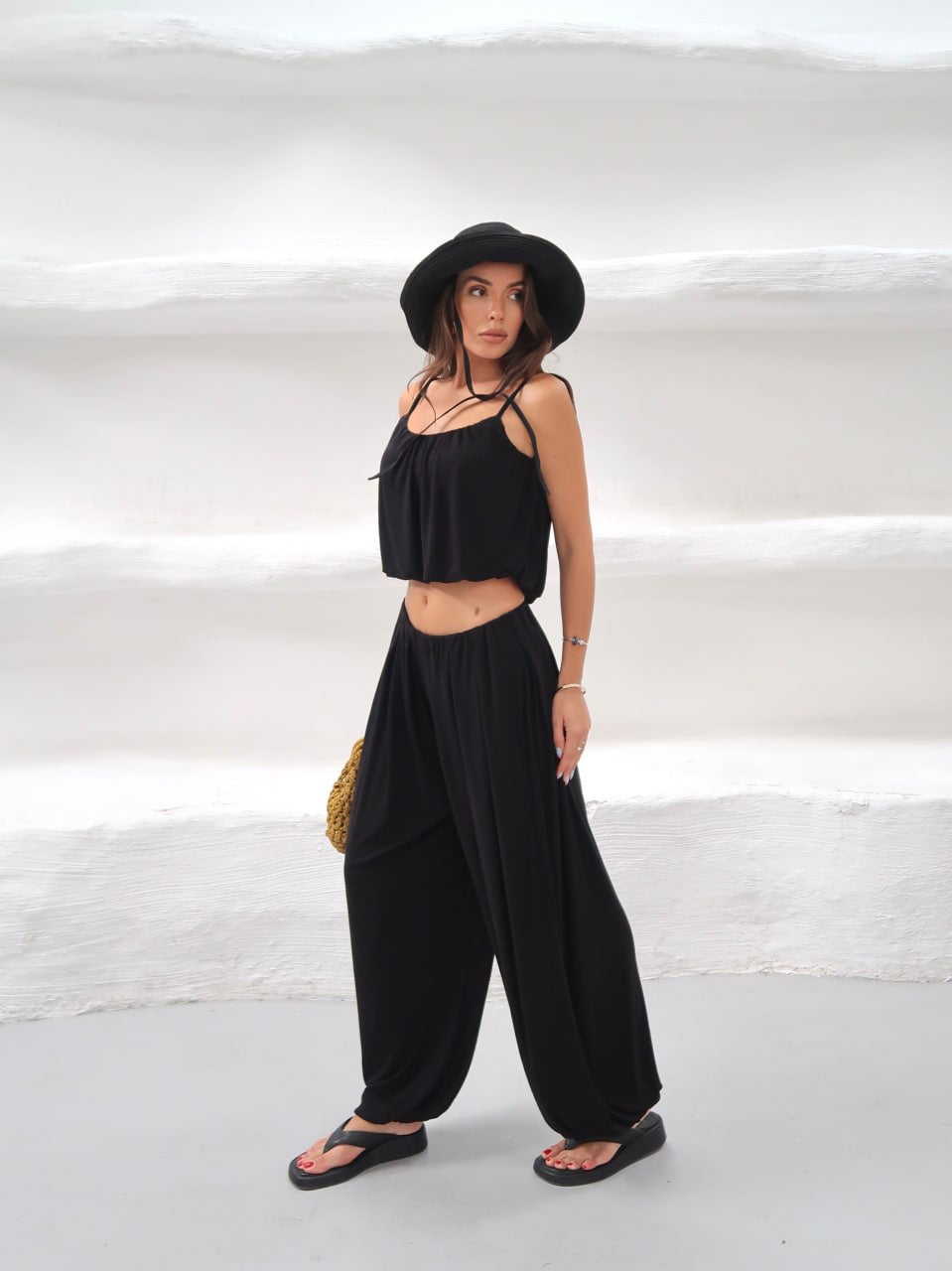 Y321 - Kadın Elodie Ribana Crop Şalvar Takım - Siyah