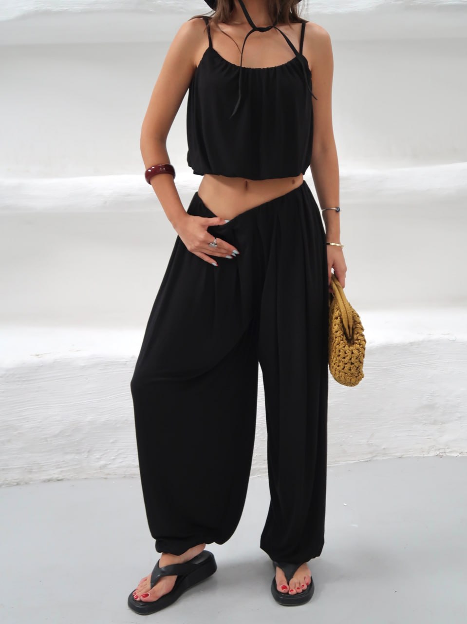 Y321 - Kadın Elodie Ribana Crop Şalvar Takım - Siyah