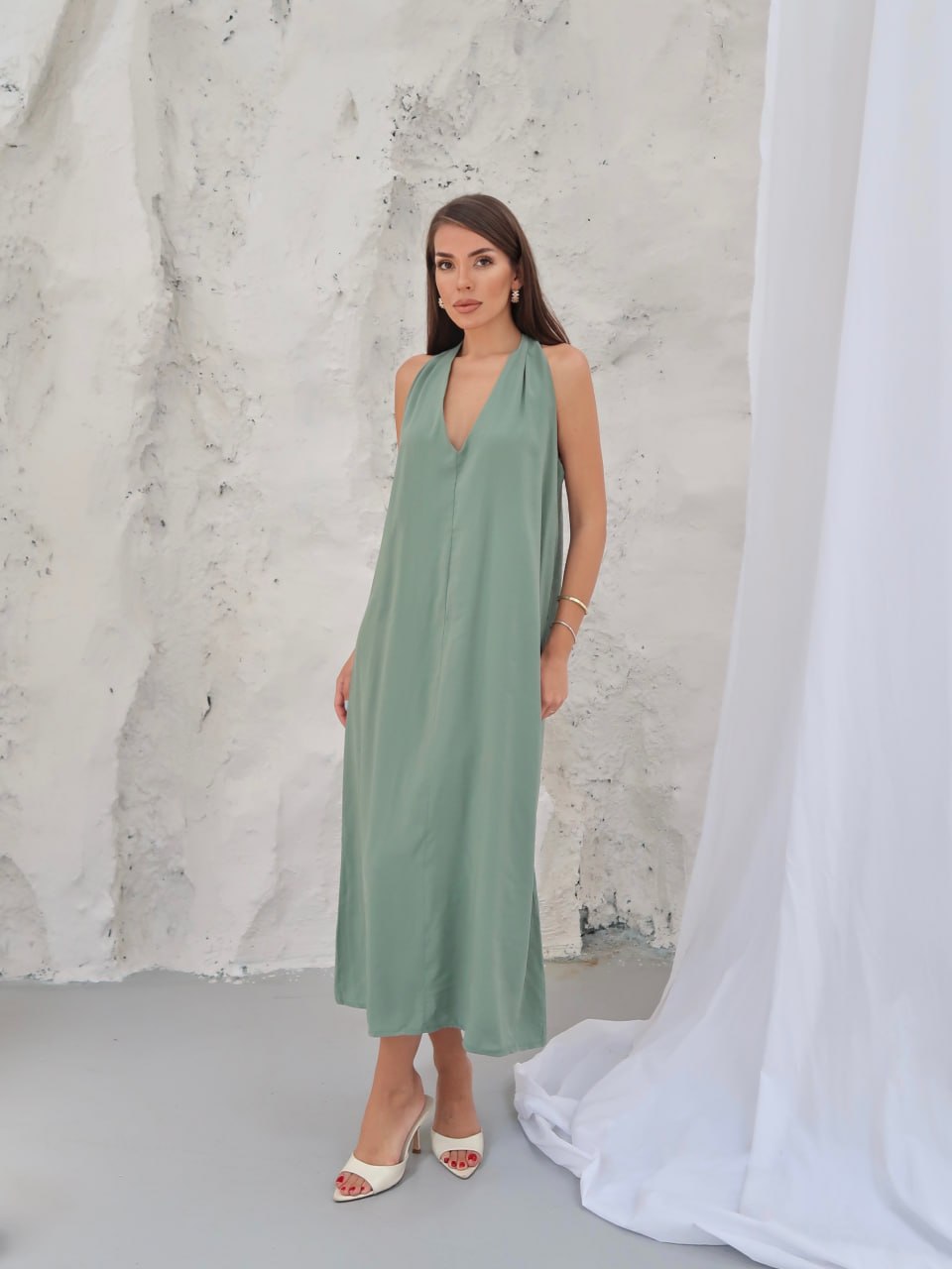 Y317 – Kadın Ivy Modal Cupra V Yaka Elbise - Mint