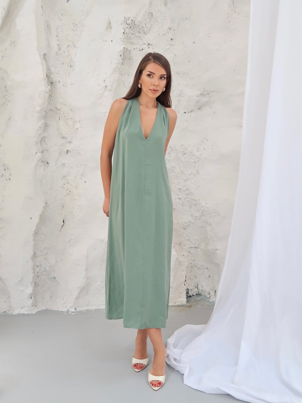 Y317 – Kadın Ivy Modal Cupra V Yaka Elbise - Mint