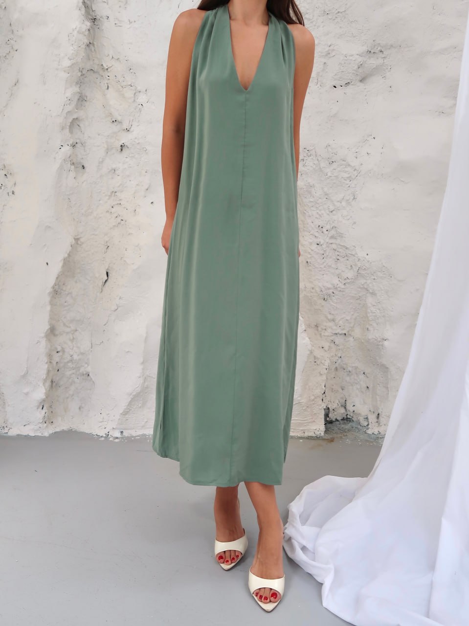 Y317 – Kadın Ivy Modal Cupra V Yaka Elbise - Mint