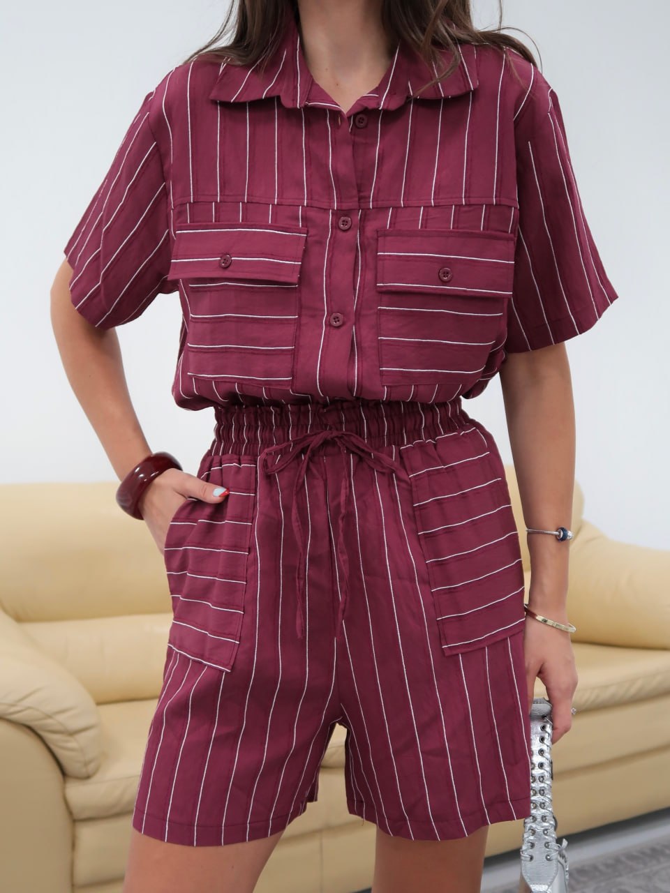 Y351 – Kadın Candles Dokuma Modal Çizgili Crop Gömlek Şortlu Takım - Bordo