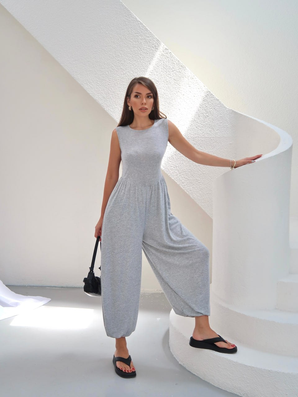 Y327 - Kadın Nare Pamuk Ribana Ense Fermuarlı Tulum - Gri