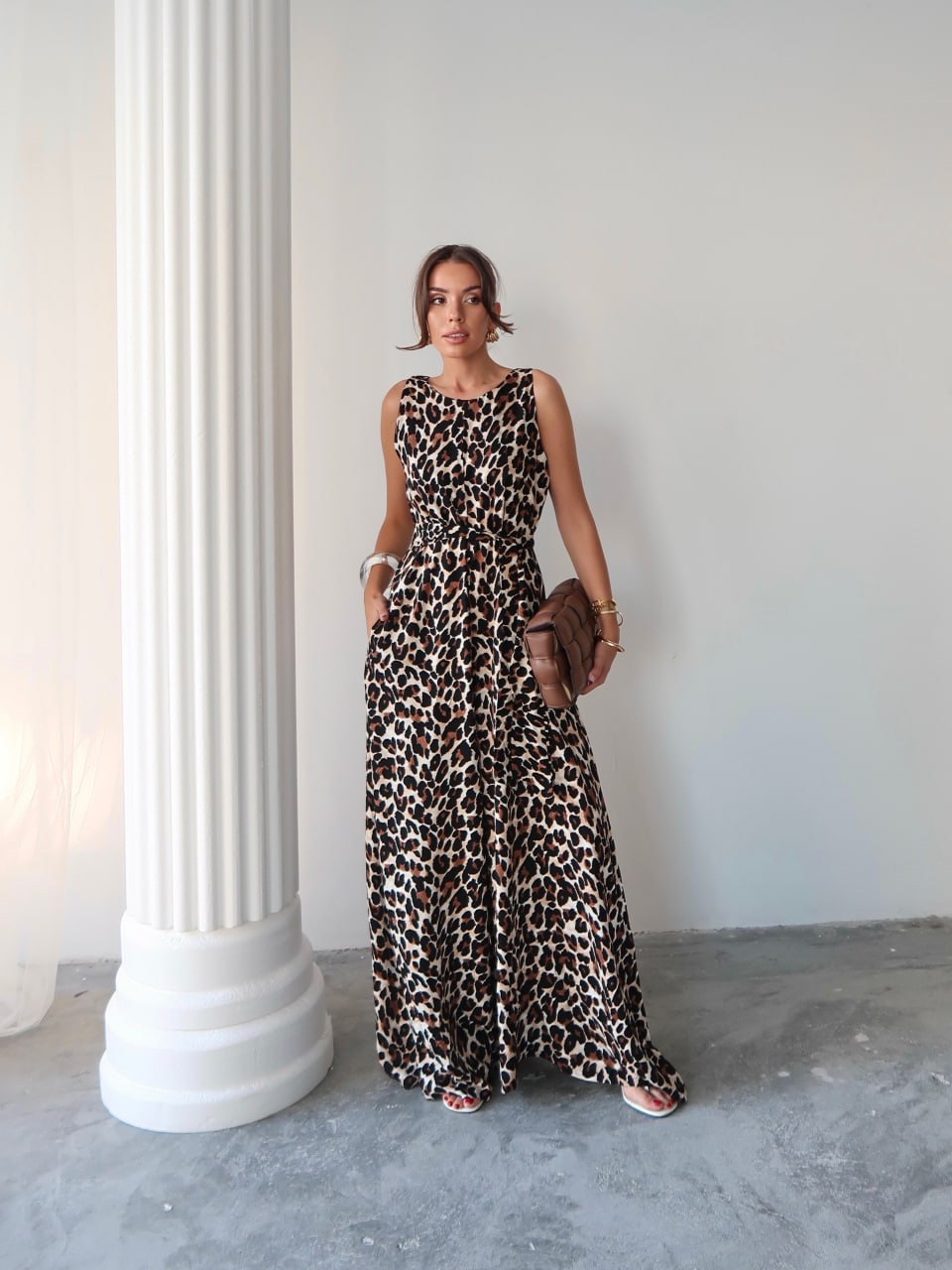 Y198 – Kadın Perry Desenli Kuşaklı Cepli Geniş Paça Tulum - Leopar Desenli