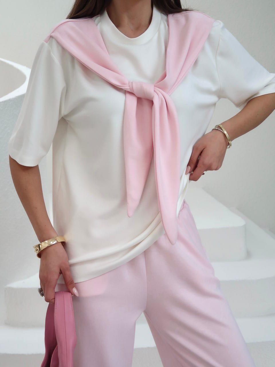 Y266 – Kadın Rosalie Modal Kumaş Atkı Detaylı Palazzo Pantolon Takım - Pembe